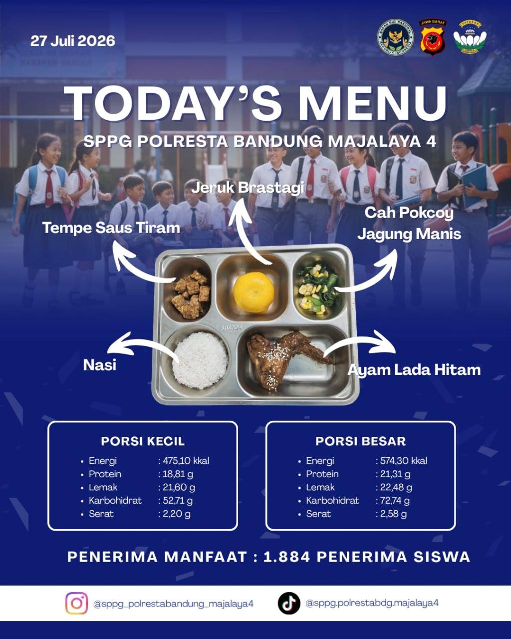 Nasi + Ayam Lada Hitam + Tempe Saus Tiram + Cah Pokcoy Jagung Manis + Jeruk Brastagi
