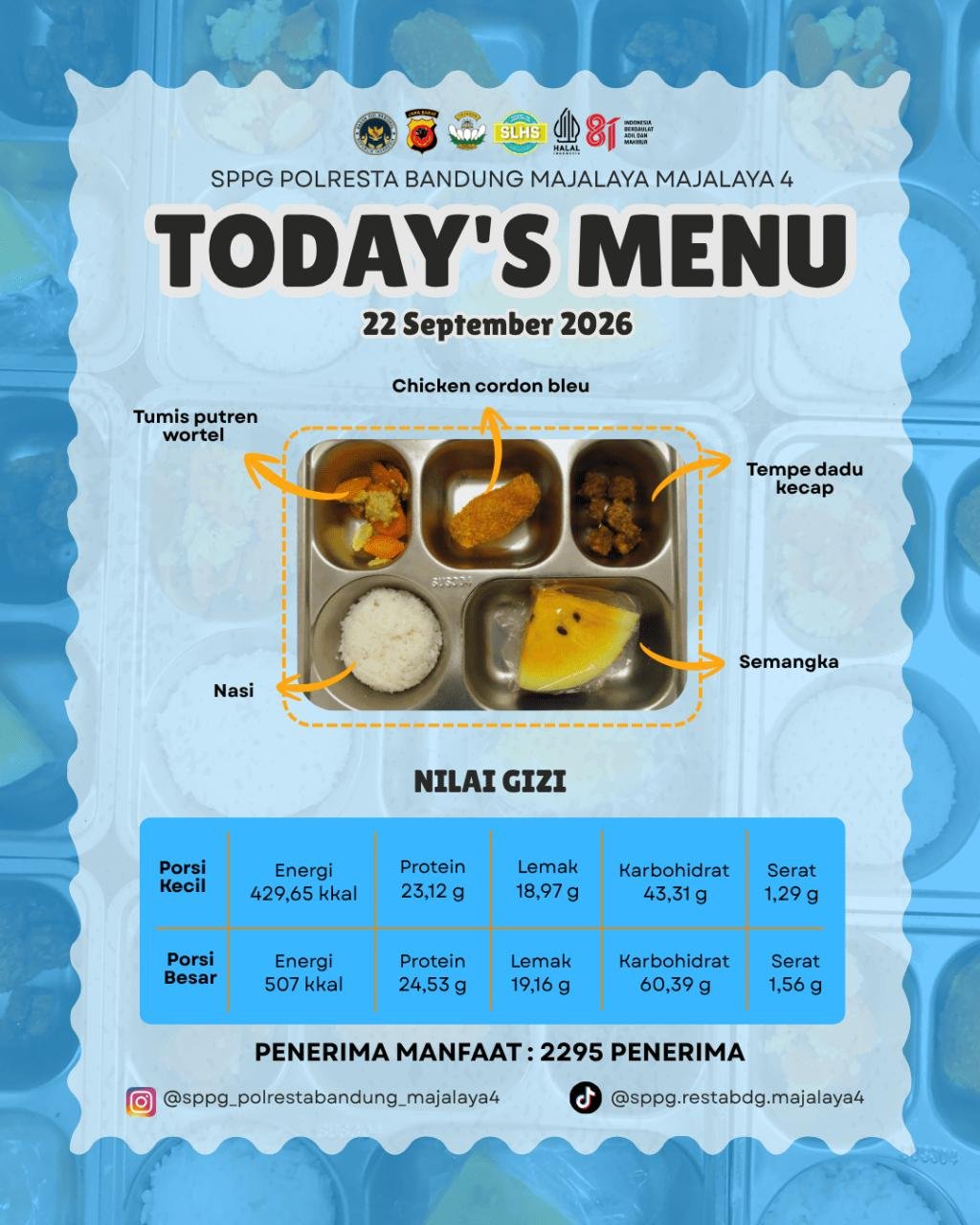 Nasi + Chicken Cordon bleu + Tempe dadu kecap + Tumis putren wortel + Semangka kuning